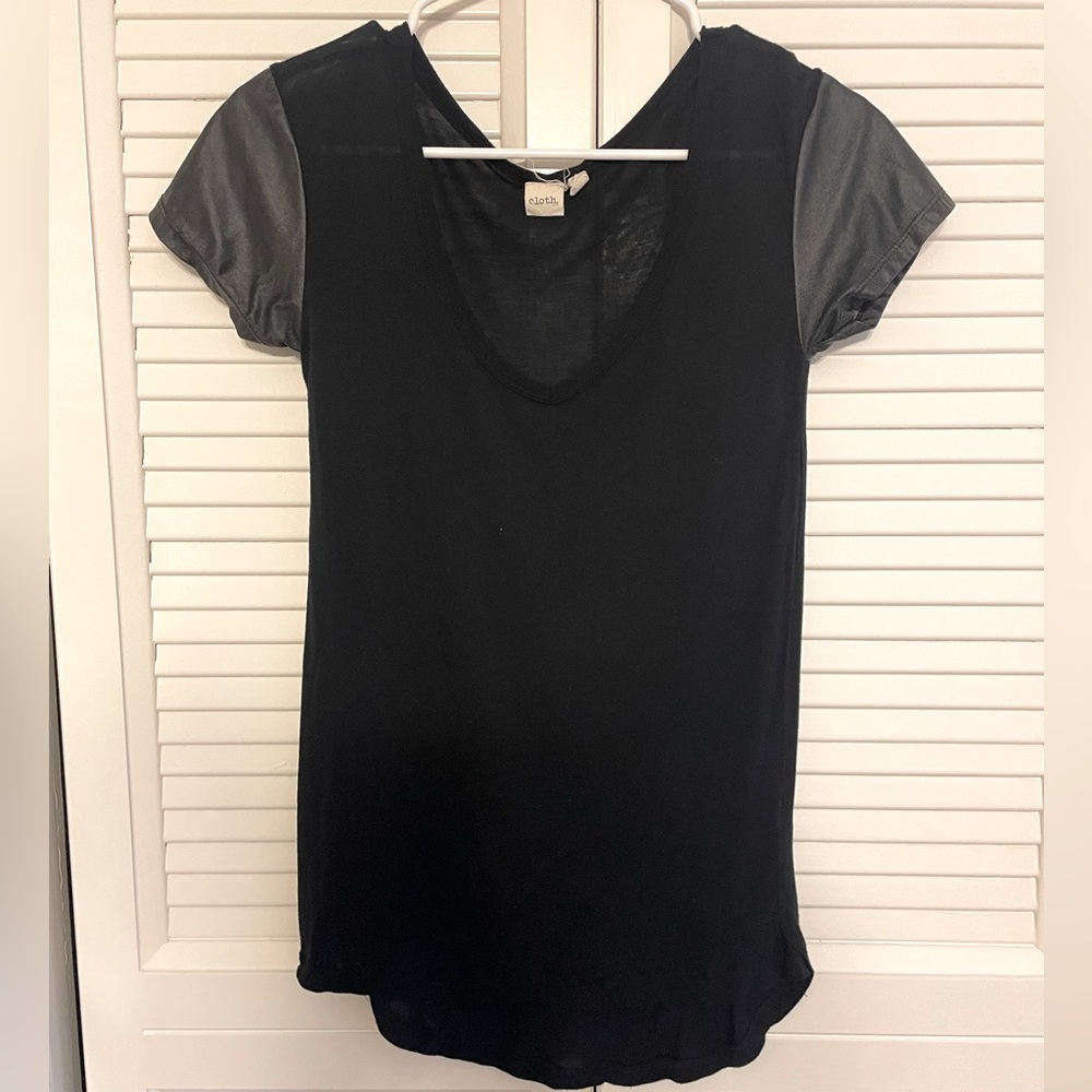 Cloth brand Black Tee with faux leather sleeves - Size S
